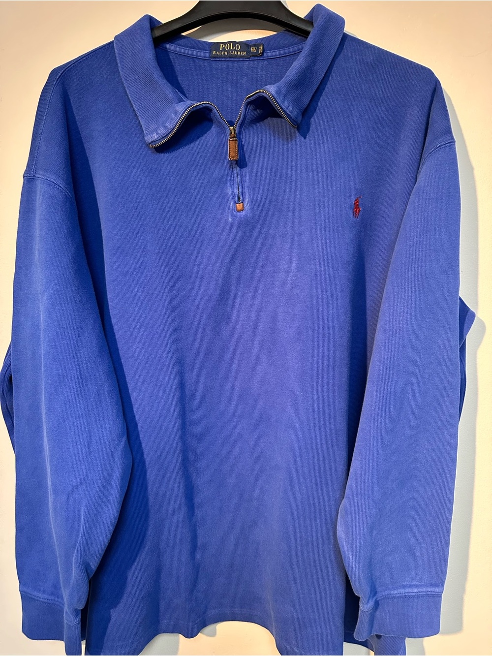 Ralph Lauren Royal Blue Quarter Zip Pullover w/ Red logo leather zipper accents